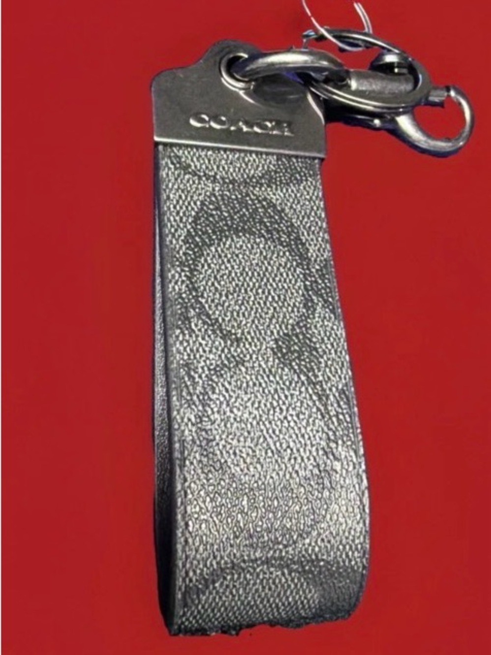 Coach Black Signature Pattern Leather Key Strap with Metal Ring - Picture 2 of 5
